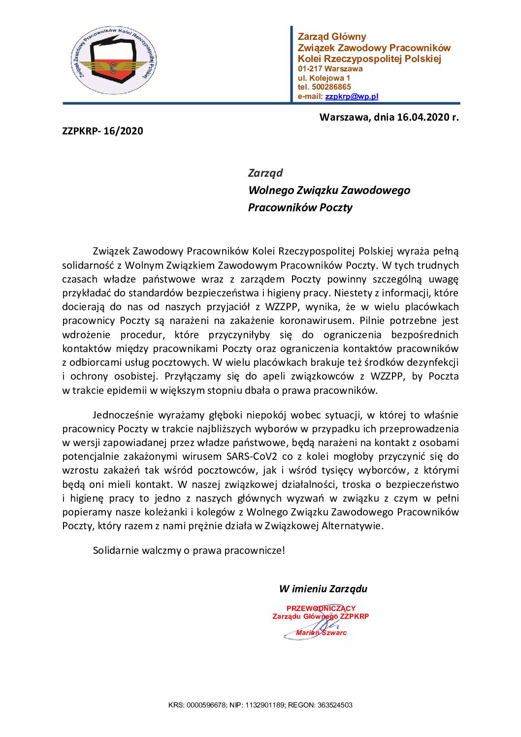 Kolejarze wspierają pocztowców!