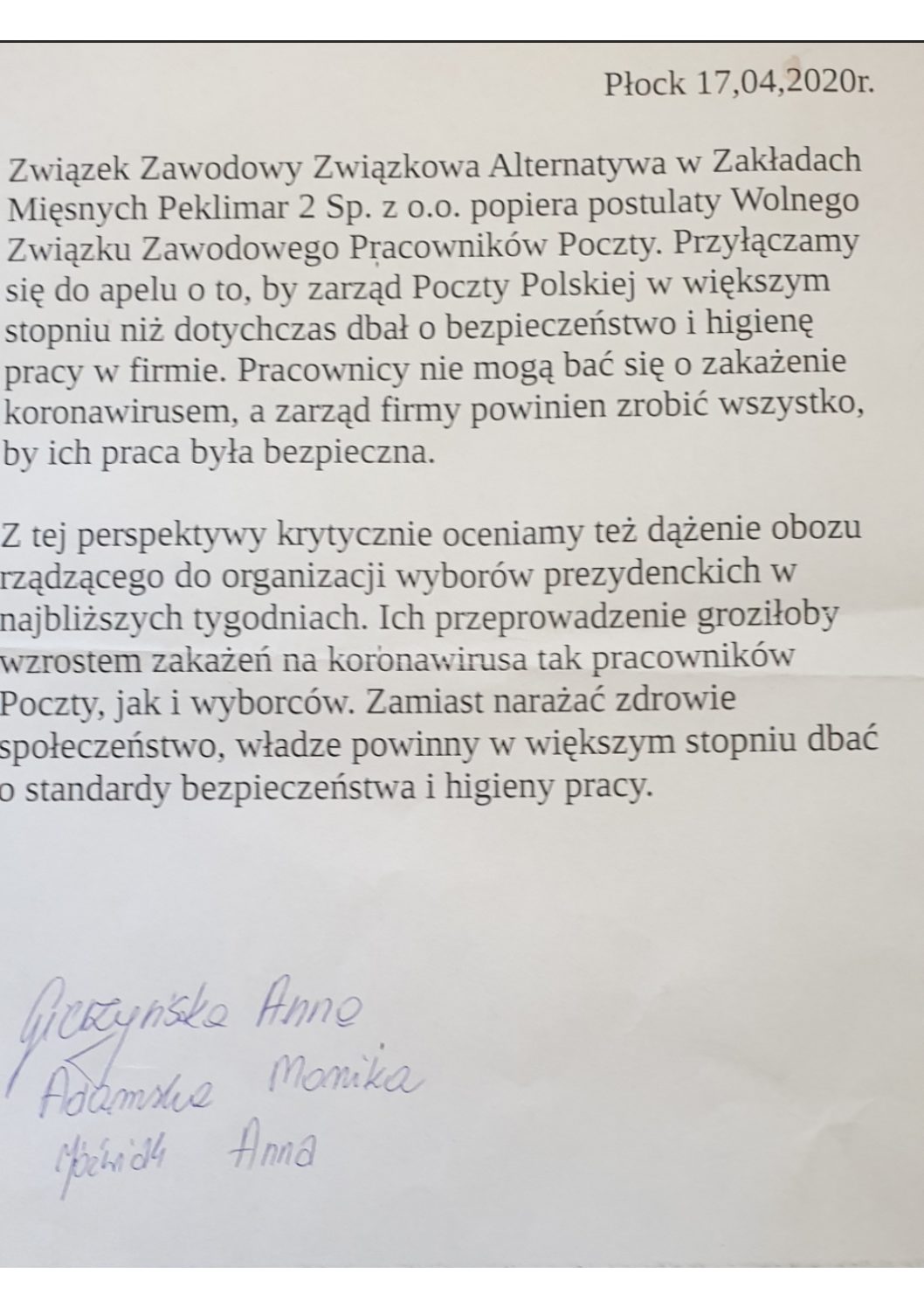 Związkowa Alternatywa w Zakładach Mięsnych Peklimar 2 Sp. z o.o. solidaryzuje się z pocztowcami!