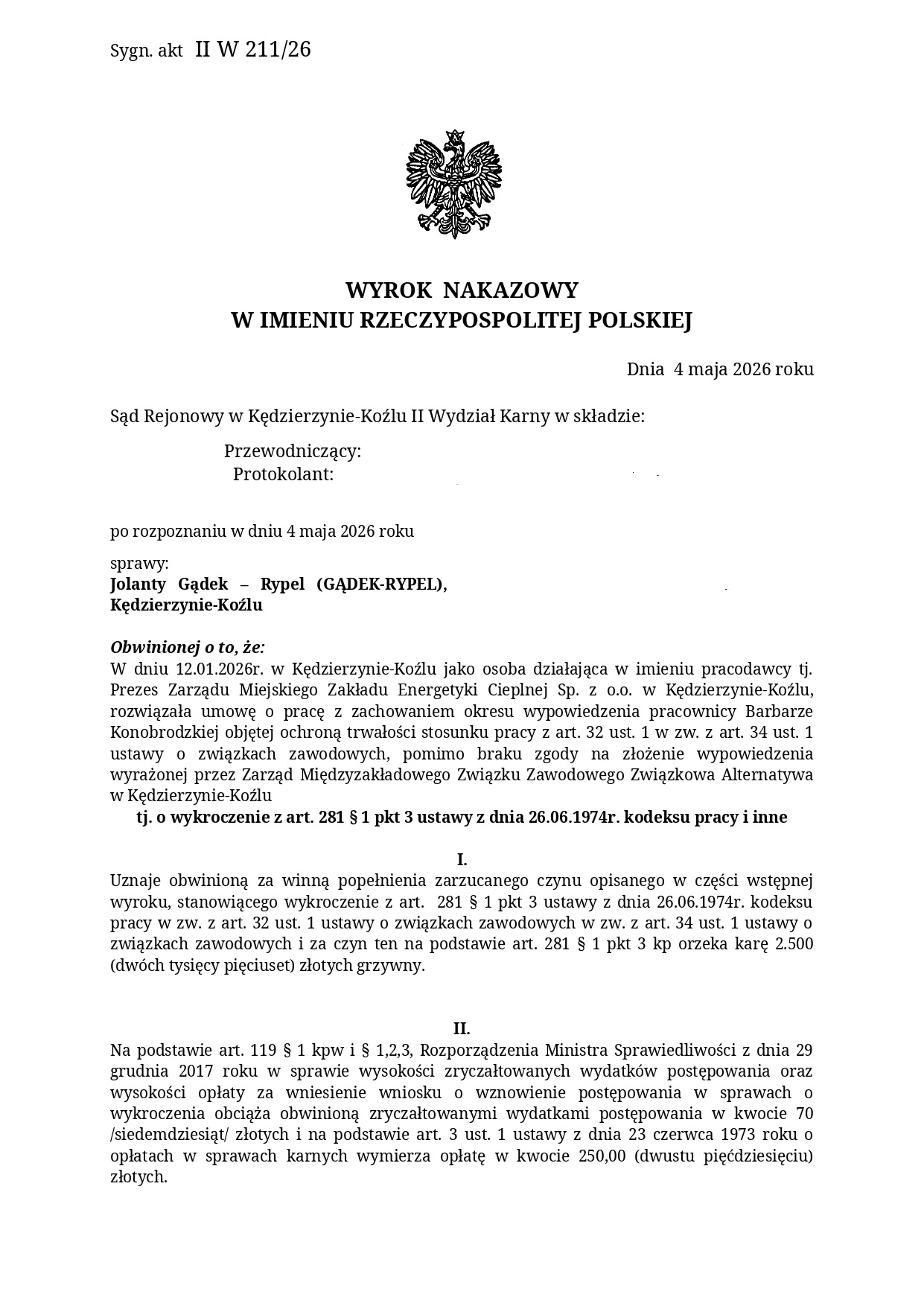 Sąd karny uznaje prezes MZEC w Kędzierzynie-Koźlu winną bezprawnego zwolnienia z pracy naszej działaczki!