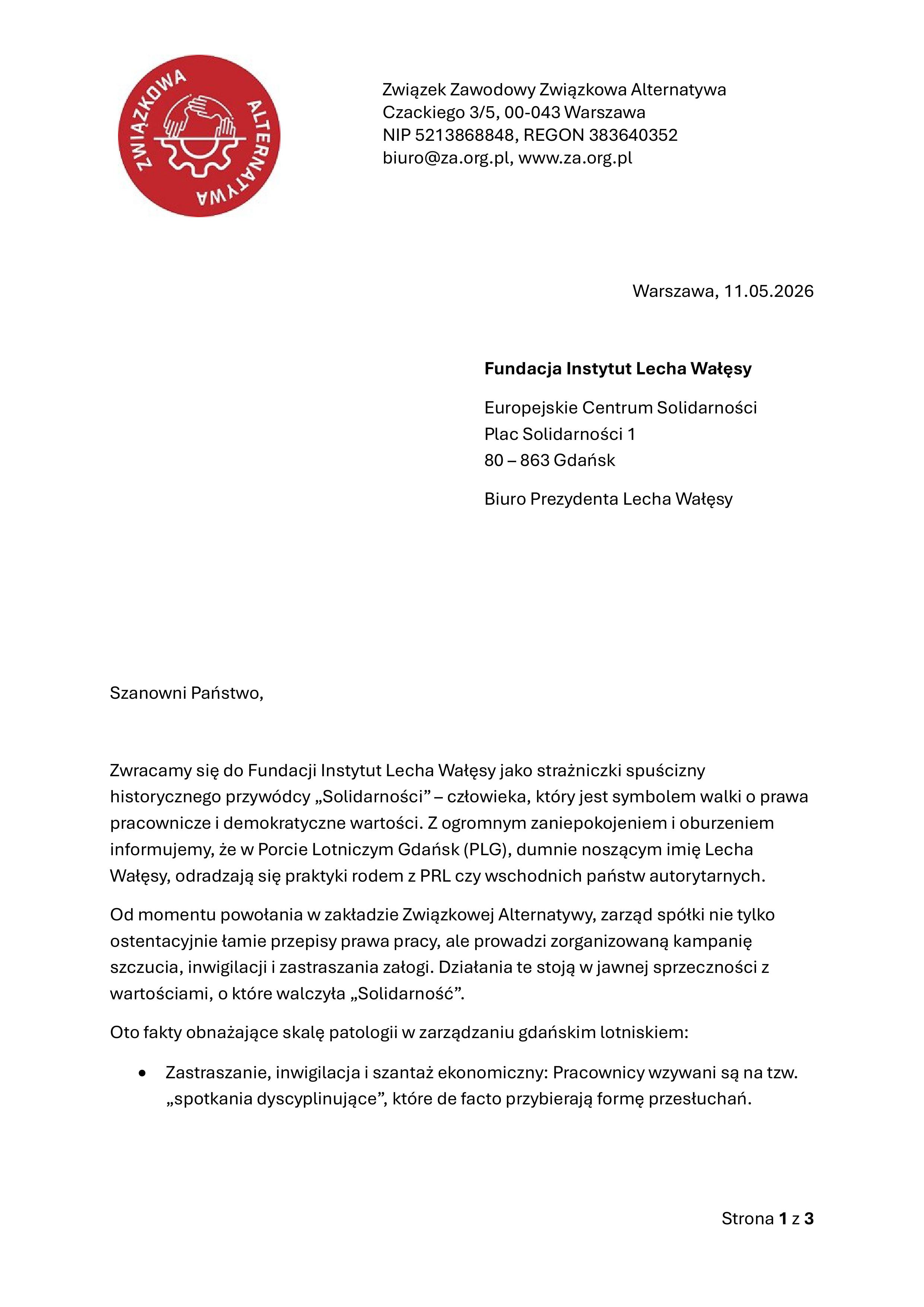 Apelujemy do Instytutu Lecha Wałęsy o interwencję w Porcie Lotniczym Gdańsk